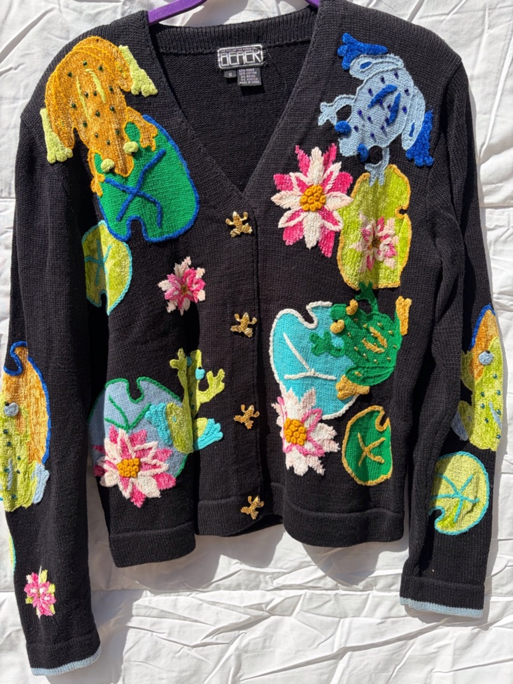 Black Embroidered Lily Pad Cardigan with Colorful Appliqués - Picture 1 of 2